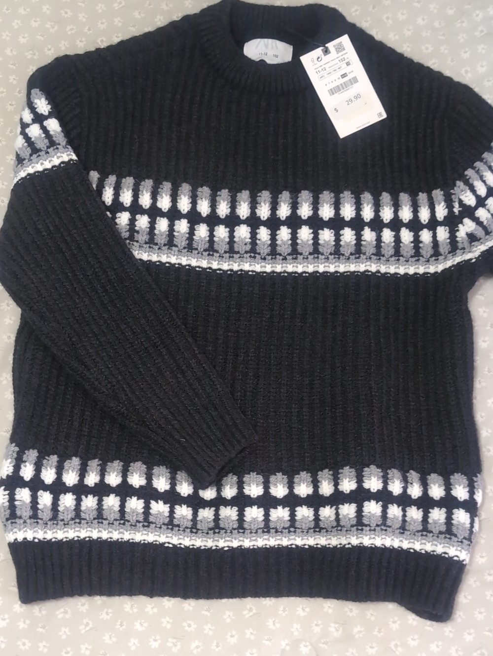 Boys Zara Black Crewneck Sweater with White Patterned Bands-NWT